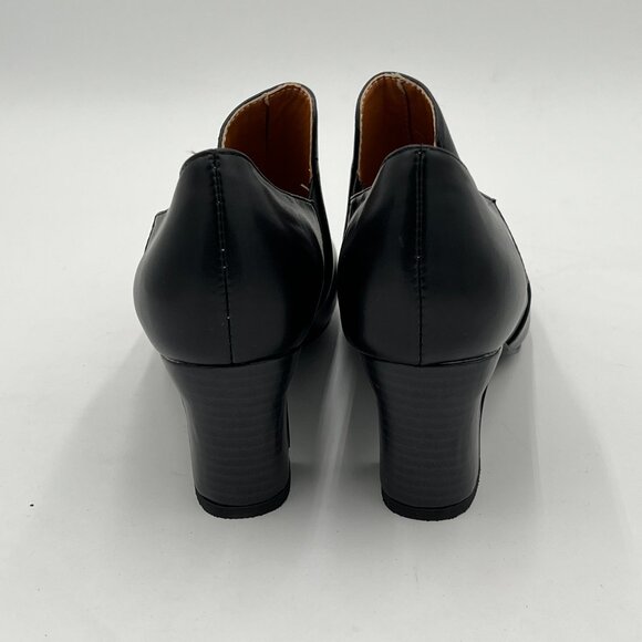 Black Women’s V-Cut Loafers Chunky Heels Loafer Pointed Toe Pump Causal Slip On - Picture 4 of 5